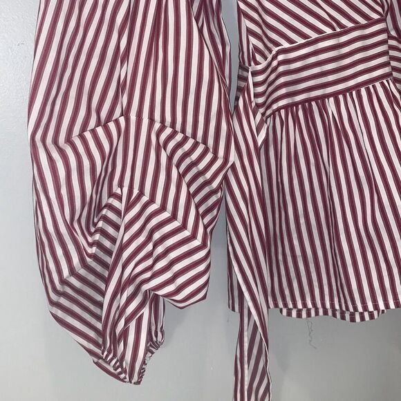 NWT Express Women's Preppy Striped Wrap Blouse Puffed Sleeves Top Red White XS - Picture 2 of 8